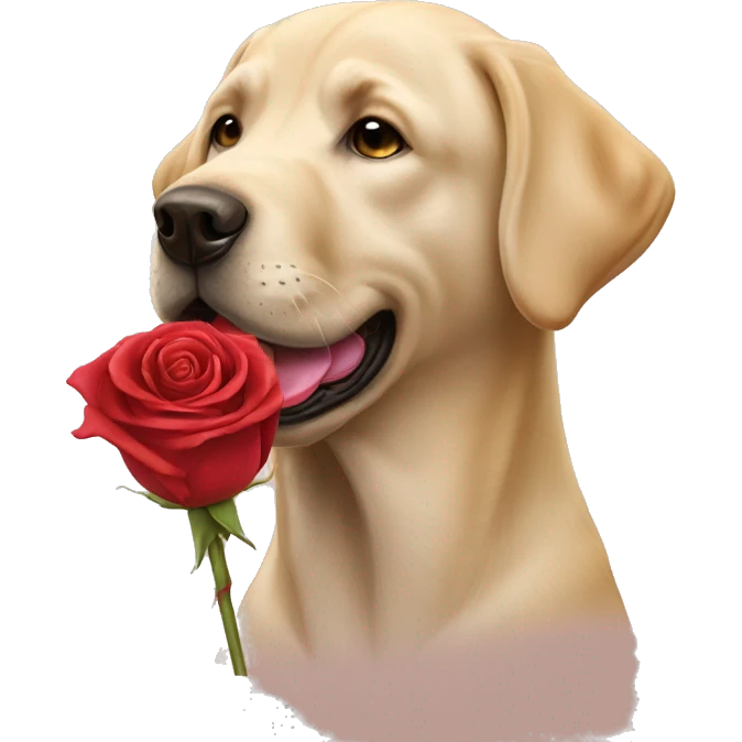 Old Labrador Retriever holding a rose in its mouth. emoji
