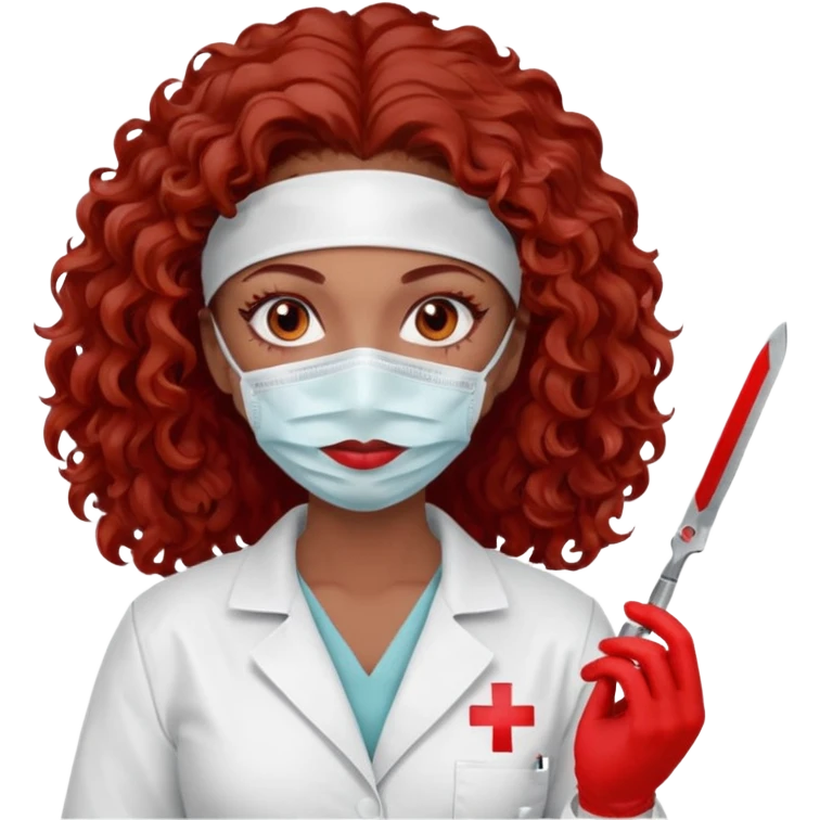 Scary woman scalpel in hand, evil surgeon sexy surgeon clothes.  She has red eyes. Her  brown long curly hair. Wears sexy doctor outfit with red gloves. make her hair free and brown but have mouthy  wear  mask  to hide. Wears white surgeon jacket and  has lon* brown hair. emoji