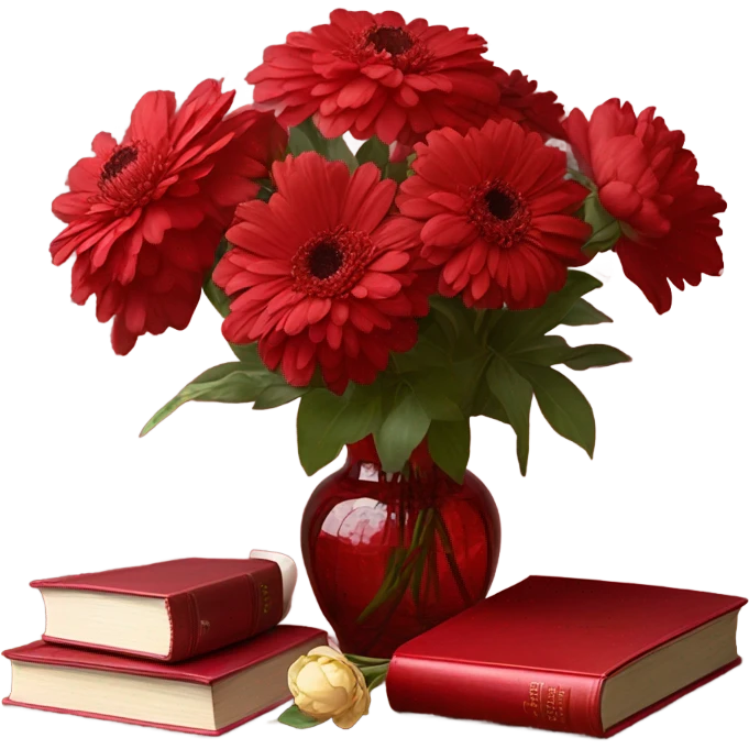 Aesthetic red vintage style book and a bouquet of red daisies and light red peonies in a red glass vase  emoji