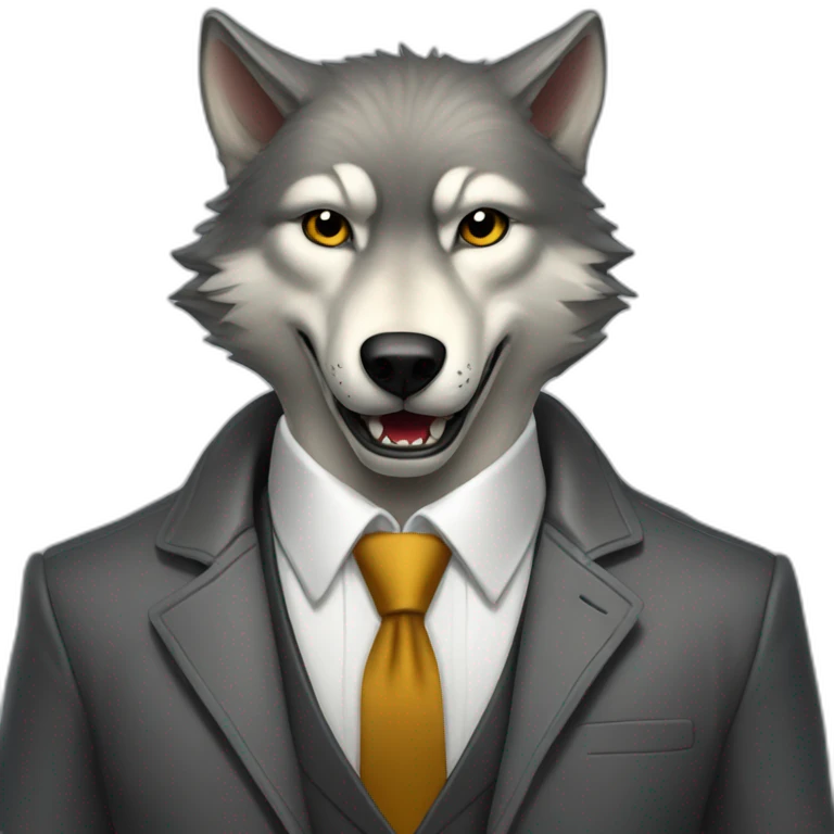Portrait of a gray wolf showing fangs with a human-like face wears a sleek jacket and tie like a salesman with an open book emoji