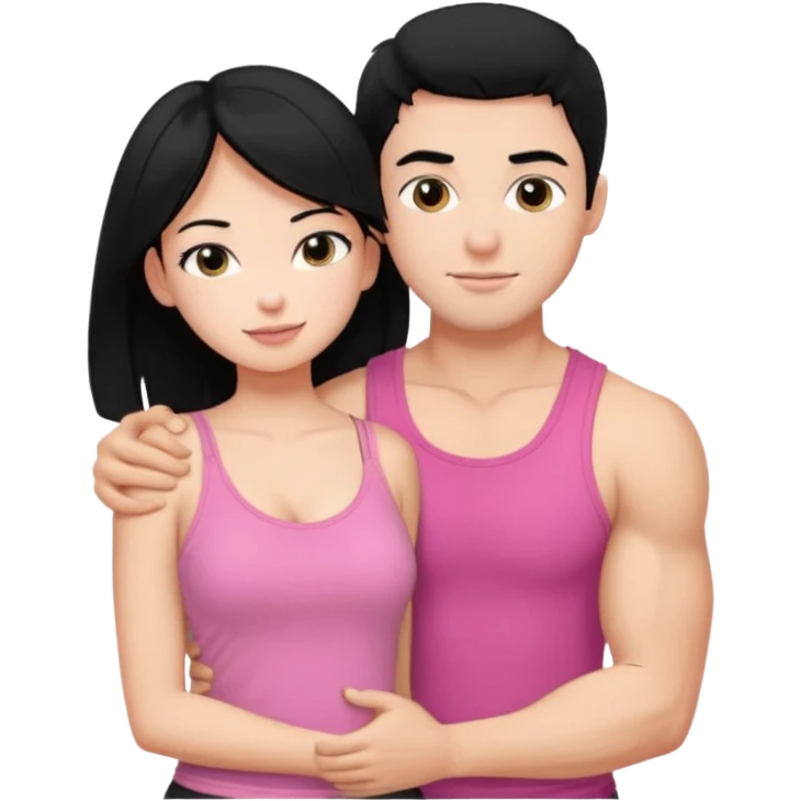 a pretty bratz fair girl. black hair, wearing a pink cami top hugging a handsome fair guy with black hair. lean but muscular who is wearing a black tee emoji