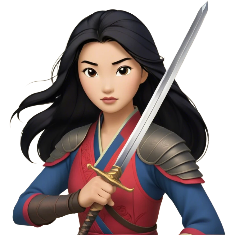 Cinematic Realistic Mulan Portrait, depicted with lifelike skin texture, soft natural lighting, and intricately detailed long black hair styled elegantly. Her deep, expressive eyes exude determination and grace, complemented by a serene yet confident expression. She stands with one hand resting on the hilt of her sword, the other by her side, exuding strength and poise. She is dressed in her classic attire, with rich fabric textures and delicate folds that catch the light beautifully. The portrait features a soft, enchanting glow with a natural, radiant finish, capturing the essence of timeless strength and beauty in a realistic and painterly style, evoking a sense of depth and authenticity. emoji