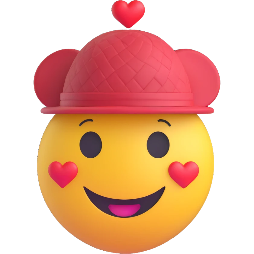 3D smiley emoji, round shape, in love: heart-patterned hat, smiling face, no body emoji