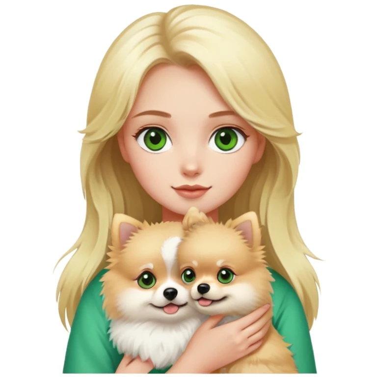 A blond haired girl with green eyes holding a Pomeranian  emoji