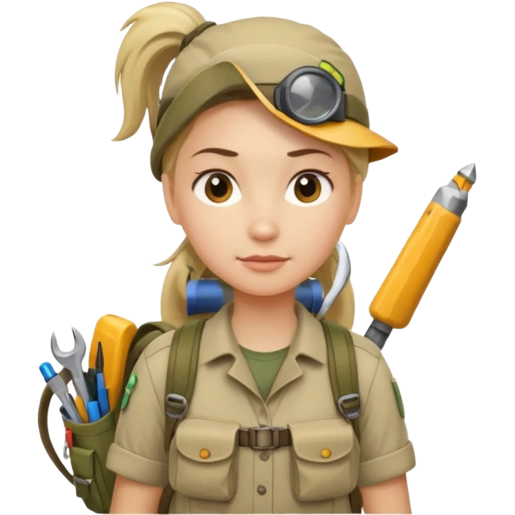 A female explorer with ponytail, backpack full of tools, confident and determined.
 emoji