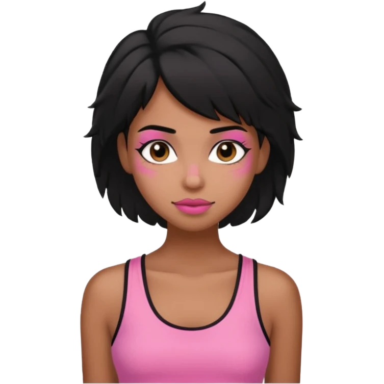 chica morena , corte de cabello negro y un poco despeinado, con una blusa de tirantes simple, rosa y coquette emoji