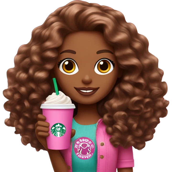 Barbie girl with brown long curly hair holding Pink starbucks refresher emoji