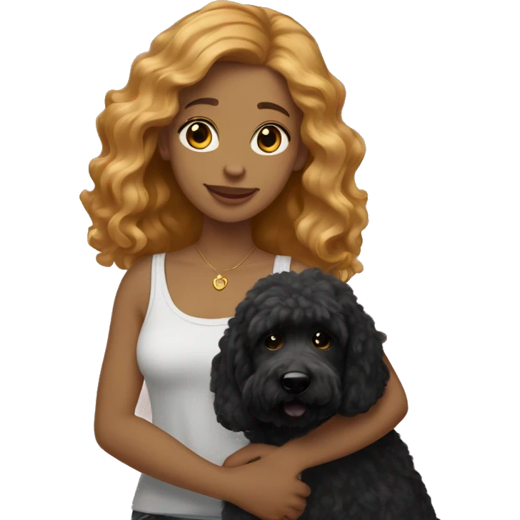 girl with medium hair strawberry blonde holding black goldendoodle emoji