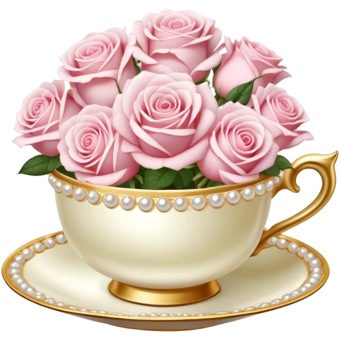 Elegant arrangement of pale pink roses in a pearl teacup with gold trim, vintage-style. emoji