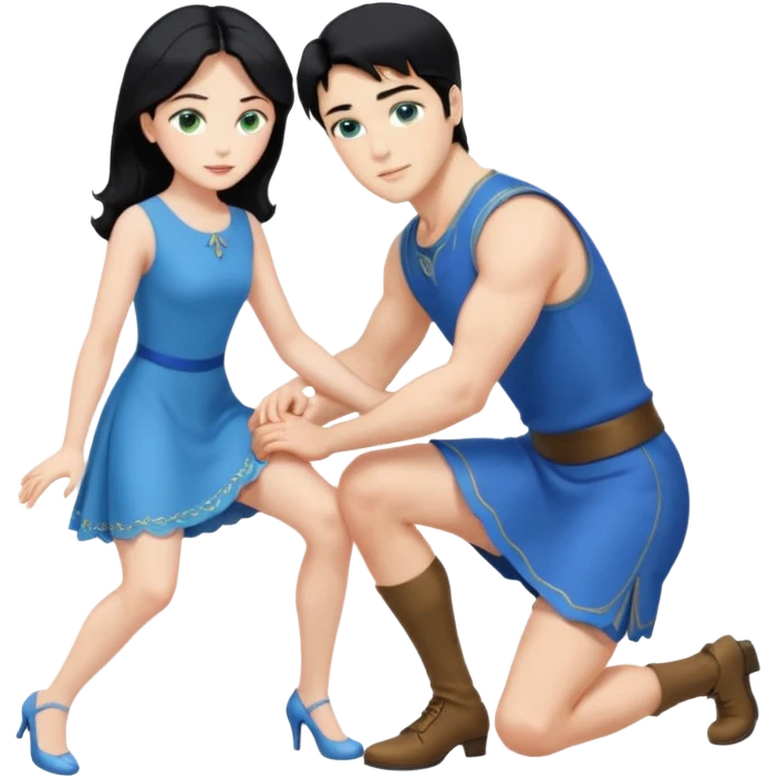 prince, upright, black Hair, blue eyes, blue garment,  Woman, blonde Hair, Green eyes, bending knee, sleveless, white Dress, emoji