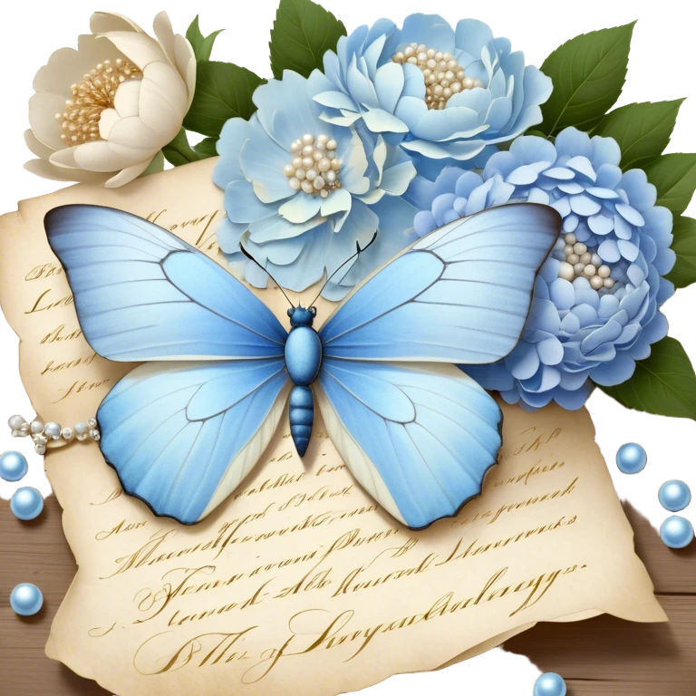 A delicate still life of a pale blue butterfly resting on an aged love letter, sealed with golden wax, accompanied by a bouquet of white peonies and soft blue hydrangeas, with pearl beads scattered nearby.
 emoji