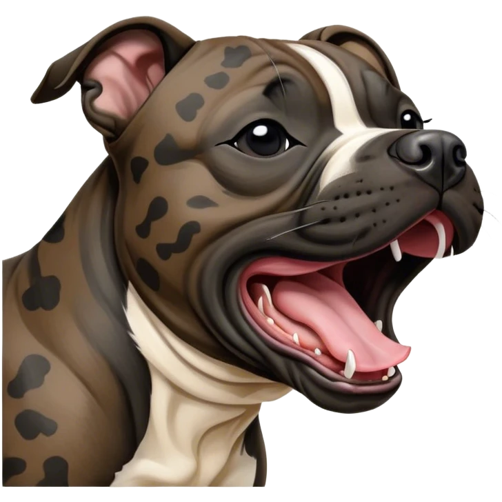 Cinematic Cute Yawning Black/Brindle Staffordshire Bull Terrier Portrait Emoji, Head tilted slightly with a dramatic, wide-open yawn, showcasing a smooth Fur with a striking black and brindle pattern, floppy ears slightly drooping, round dark eyes barely open in drowsy contentment, Simplified yet irresistibly adorable features, highly detailed, glowing with a soft, cozy glow, high shine, relaxed yet expressive, stylized with a touch of whimsy, bright and endearing, soft glowing outline, capturing the essence of a sleepy yet affectionate guardian, so drowsy it feels like it could stretch right out of the screen and curl up for a nap! emoji