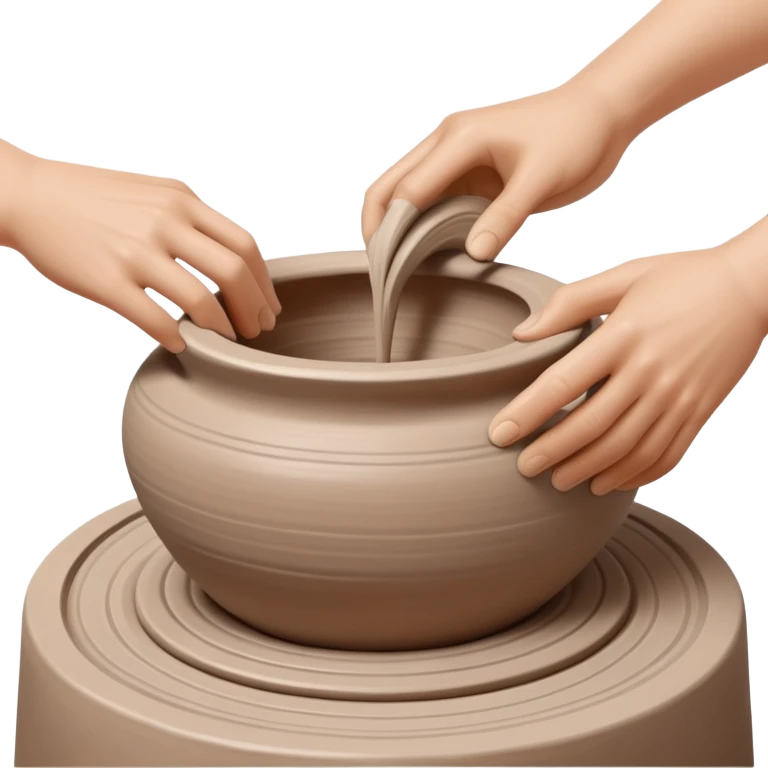 Two hands shaping a clay vessel on a silver pottery wheel, one hand inside and one hand outside the vessel, clean and focused view with no splashing clay emoji