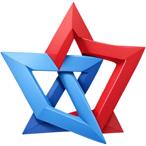A logo or graphic design featuring two interconnected shapes. One shape is a red triangle on left, and the other is a blue square on right. Both are rendered in a 3D style, giving the impression of depth and overlapping planes. A center gray circular shape links the red triangle and blue square. The interlocking shapes form a design resembling the number 8 or an infinity symbol. The design is clean, simple, with bright colors of red and blue, and a neutral white background. emoji