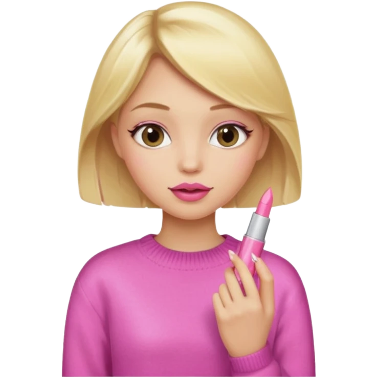 A blonde haired girl with a pink sweater and holding a lip gloss emoji