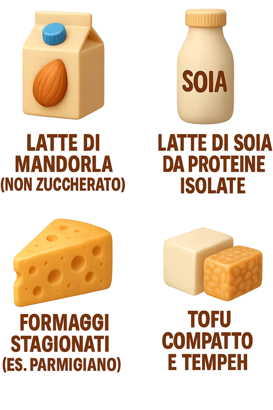 emoji stile iphone 3d di Latte e yogurt delattosati in italiano
Latte di mandorla (non zuccherato)
Latte di soia da proteine isolate
Formaggi stagionati (es. parmigiano)
Tofu compatto e tempeh
 che fluttuano in aria, iperealistico 4k emoji
