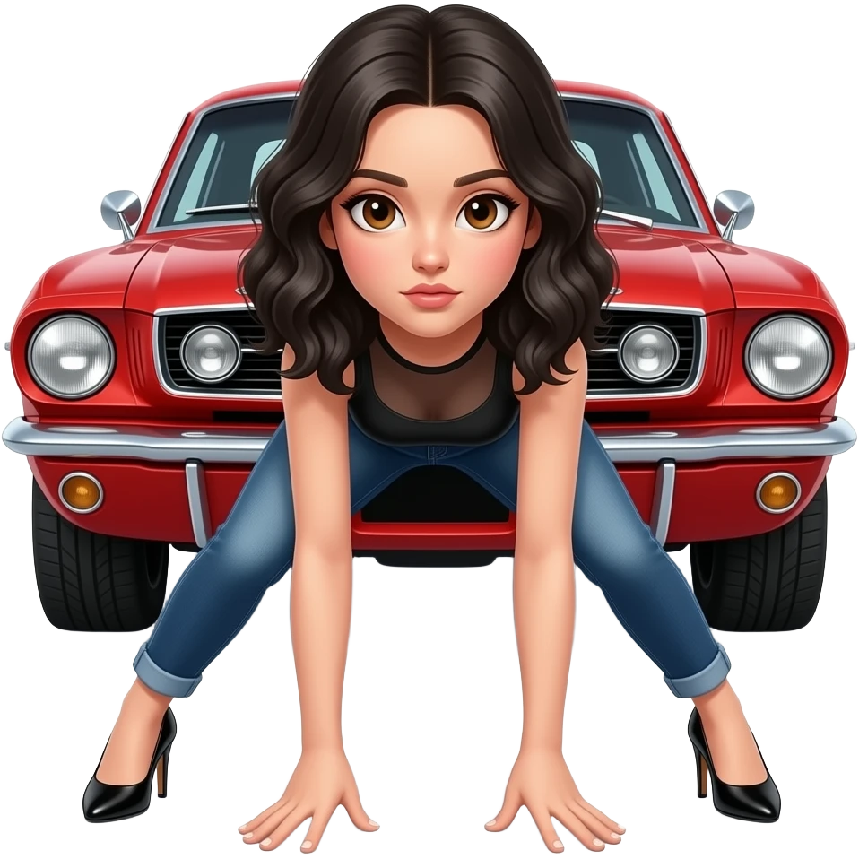 Girl with pale skin and wavy, jet-black hair and brown eye, standing hunched forward, looking straight ahead in front of a red 1968 Ford Mustang coupe. Girl wearing a sheer black sleeveless top, jeans, heels with visible toes. Legs wide spread, fingers on the ground. emoji