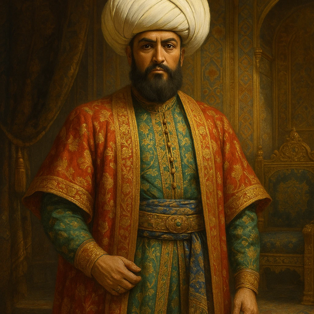 Seljuk Turkish emperor, historical costume, grand turban, luxurious fabrics, imperial presence, rich colors emoji