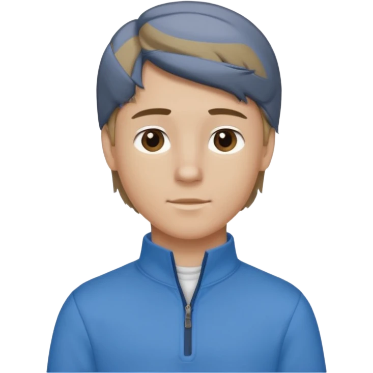 boy with dark blonde hair in a mullet to the front, with a neat blue shirt (not a t-shirt) and brown quarter zip emoji