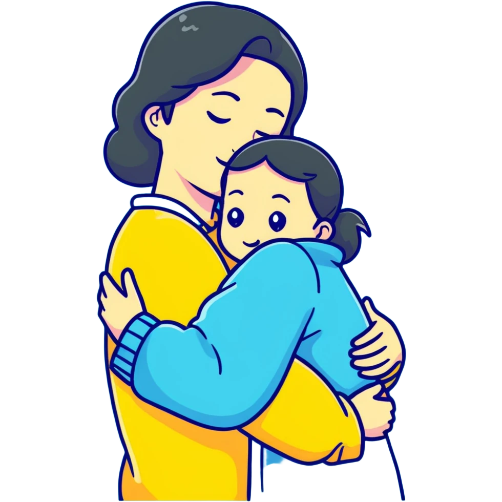 mother hugging daughter with pastel blue background and clothing emoji