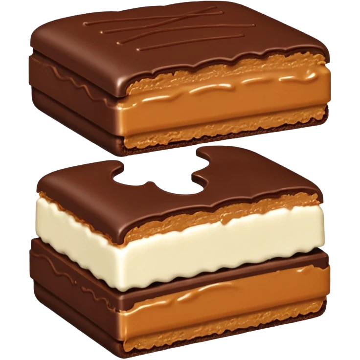 alfajor típico relleno de dulce de leche y cubierto de chocolate, mordido emoji