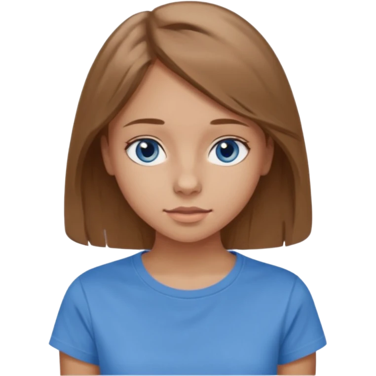 A 16-year-old girl with long, light brown hair and blue eyes. She also has slightly tanned skin, a small nose, and average-sized lips (though her lower lip is slightly larger than her upper lip). She's wearing a taupe T-shirt with a round neck.  emoji