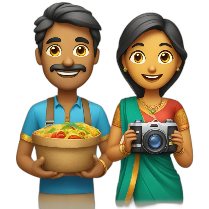 Indian man and woman with camera in one hand and food in other hand, happy smiling emoji