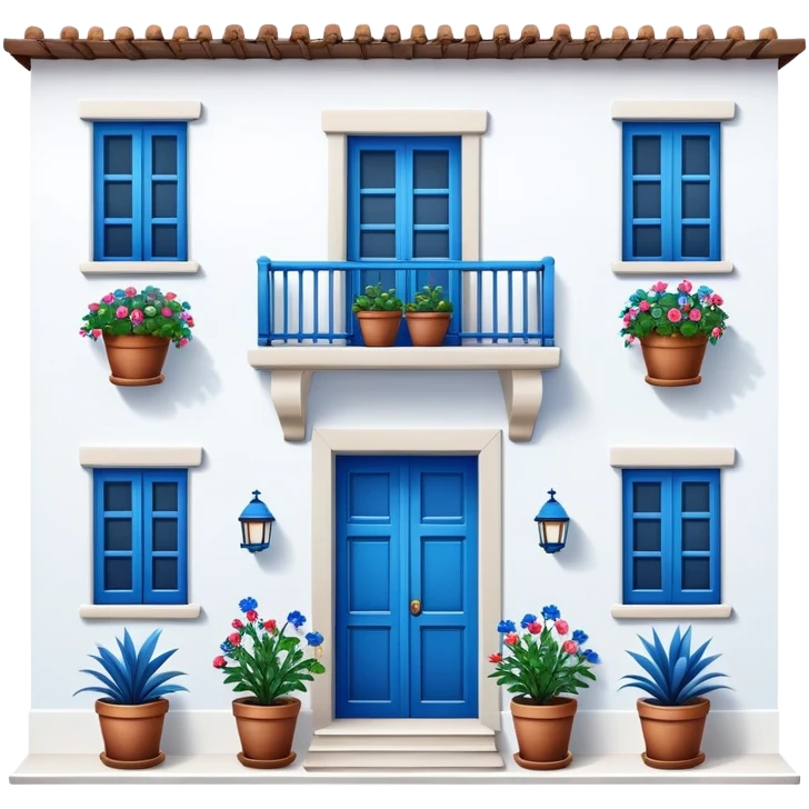 Andalusian-style Spanish house with white walls, blue accents, and flowerpots on windows emoji