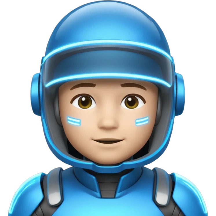 “Futuristic Roblox boy emoji, 2050 style. Blue neon visor, cyber helmet, metallic skin glow, hologram lines, tech-suit with glowing seams, soft neon background.” emoji