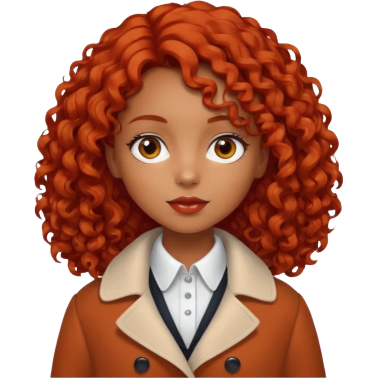 
Dark tanned girl with medium-length, curly, tomato-red hair, dark eyes, wearing a coat with a white collar. emoji