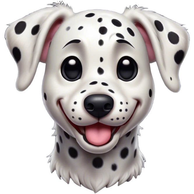 Cinematic Comical Spotted Dalmatian Portrait Emoji, Head tilted dramatically with an exaggeratedly shocked or amused expression, featuring a striking Fur of predominantly white with vivid black patches, wide, expressive eyes filled with playful disbelief, Simplified yet hilariously expressive features, highly detailed, glowing with a slightly sassy glow, high shine, dramatic yet playful, stylized with an air of cheeky charm, bright and endearing, soft glowing outline, capturing the essence of a spirited and over-the-top guardian, so meme-worthy it feels like it could side-eye its way into internet fame instantly! emoji