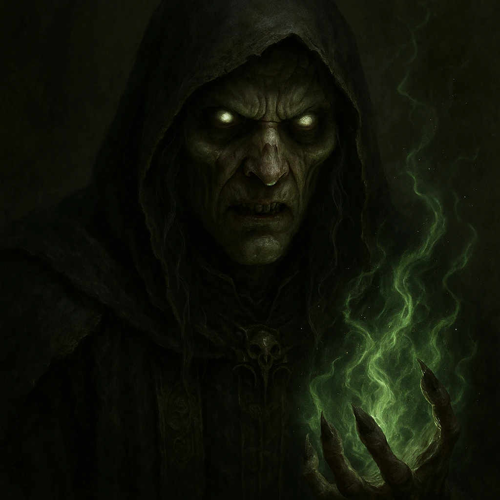 Make the magical character look even scarier, with haunting eyes, eerie spell effects, and a sinister expression, but keep the face clearly visible, in a realistic fantasy style. emoji