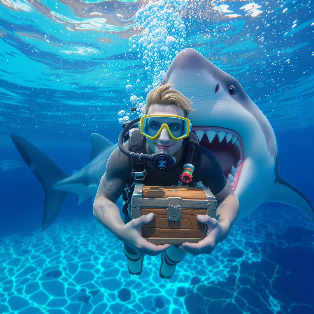 portrait, closeup, 3D, symmetrical, fortnite art style, diver holding chest underwater, happy shark swiming around him, crystal water, sunny day emoji