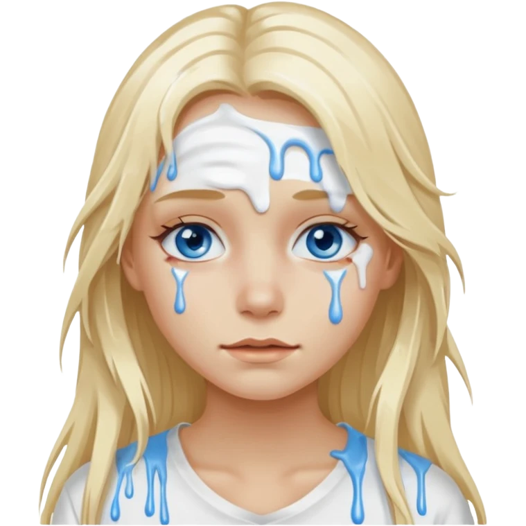 Blonde blue-eyed long hair girl emoji with white paint all over its face dripping  emoji