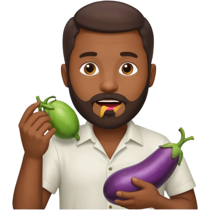 Dominican man with a beard has eggplant in his mouth emoji