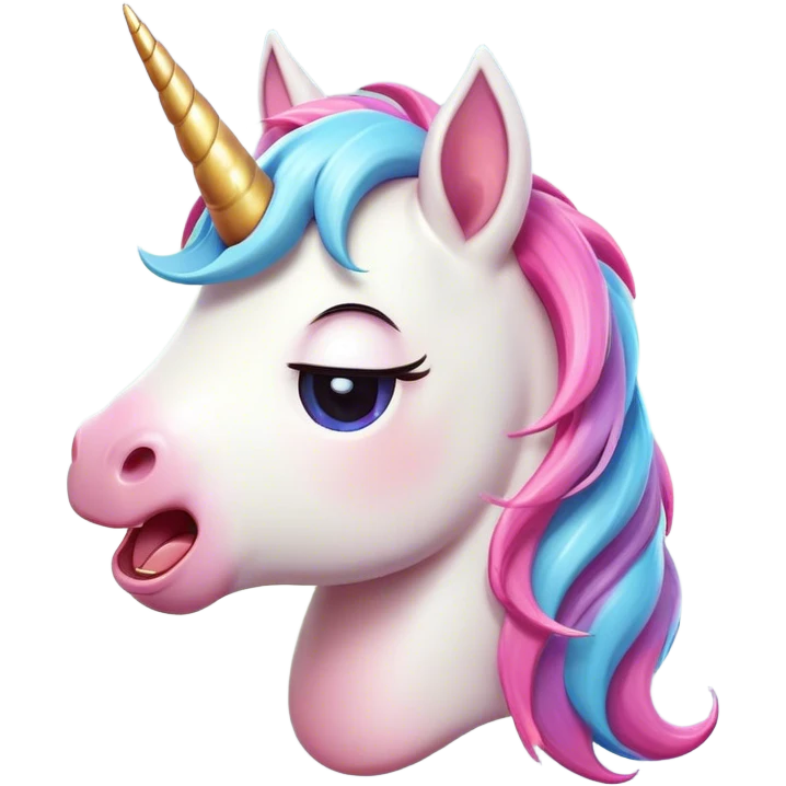 Cinematic Cute Yawning Unicorn Pony Portrait Emoji, Head tilted slightly with a dramatic, wide-open yawn, showcasing a petite, softly glowing form with a gently drooping mane, a subtle, shimmering horn and sleepy, half-closed eyes, Simplified yet irresistibly adorable features, highly detailed, glowing with a soft, cozy pastel glow, high shine, relaxed yet expressive, stylized with a dash of whimsical enchantment, soft glowing outline, capturing the essence of a drowsy yet affectionate unicorn pony that appears ready to stretch and yawn its way off the screen! emoji