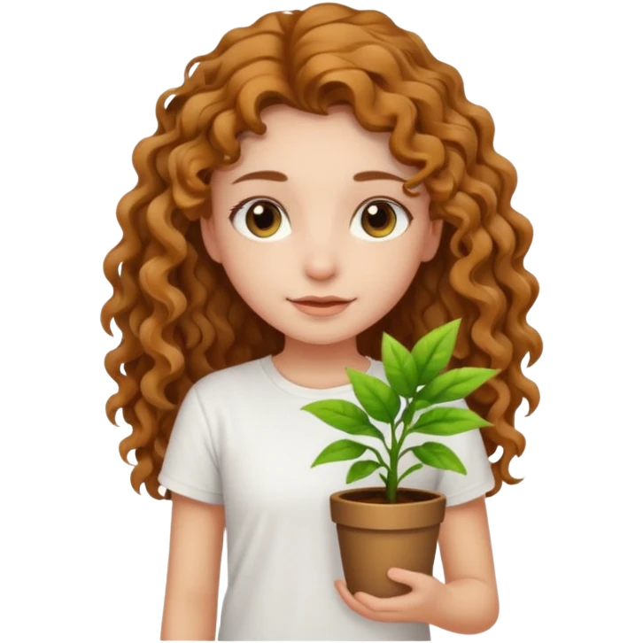 Girl with long light brown light curly hair and white t-shirt with plant emoji