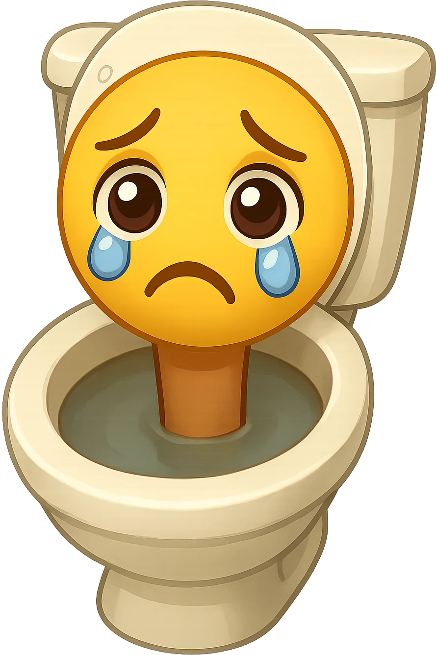 Edit the image so the head emerging from the toilet has a sad expression with teary eyes and a downturned mouth in emoji style. Keep the background transparent. emoji