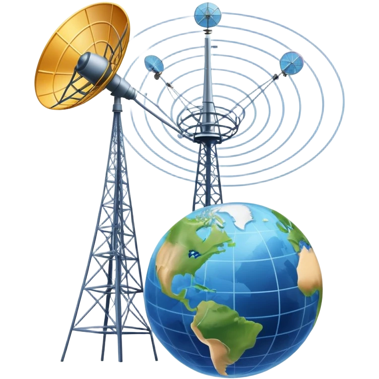 An icon featuring a satellite dish, cell tower with signal waves, and an earth, connected by lines, symbolizing telecommunications. The design includes data signals, network nodes, and a mobile device, representing global digital communication. Transparent background emoji