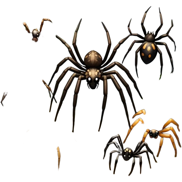 Collage of various spiders, including tarantulas and other exotic species, inside a  terrarium with webs and natural décor. Close-up shots of their intricate legs, eyes, and fuzzy bodies. Soft lighting, transparent background. emoji