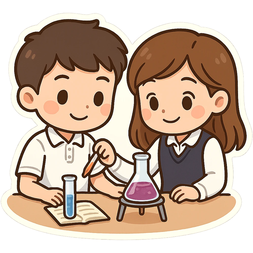 male and female students together, wearing school uniforms (white polo for male, white long sleeves and navy blue vest for female), working on a science experiment, hands-on learning, chibi sticker style emoji