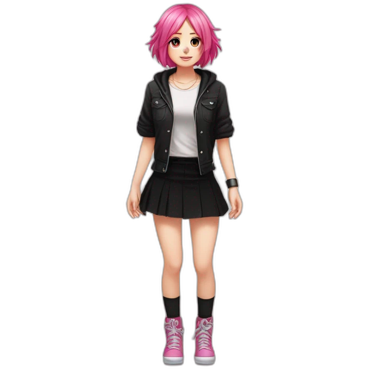 Full body Front view curvy emo girl pink hair sits on the floor straight view hands up black skirt полосатые рваные чулки emoji