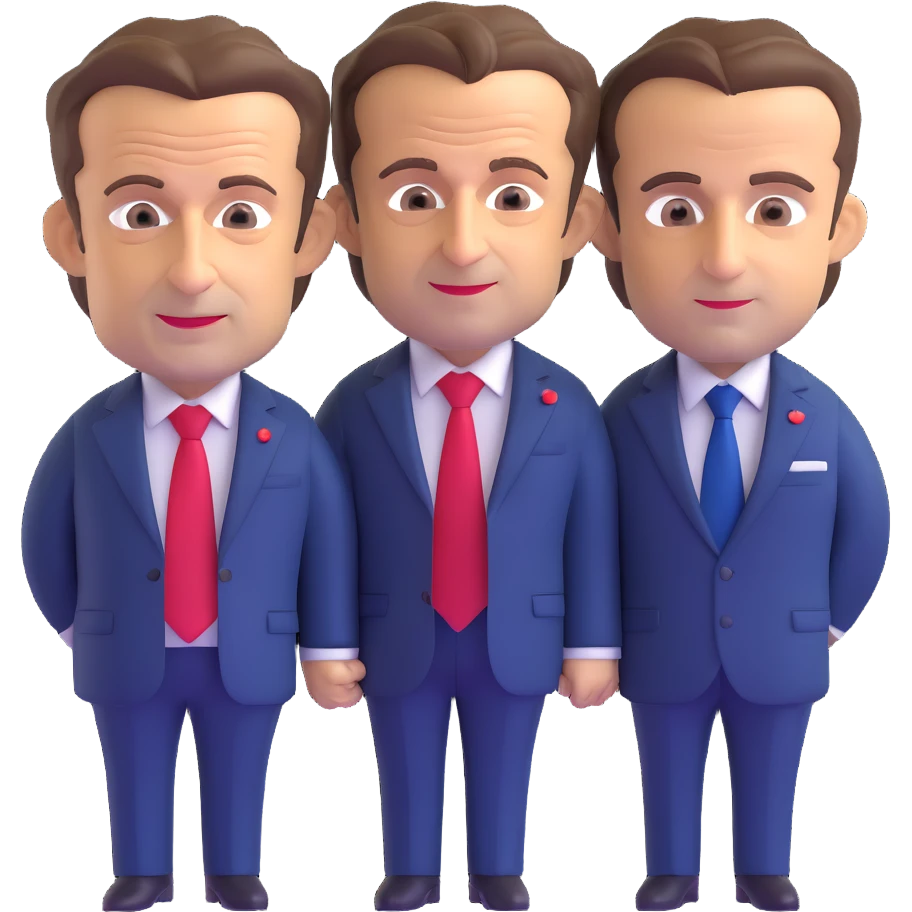 3D chibi caricature of Nicolas Sarkozy and Emmanuel Macron, standing together, oversized heads, small realistic bodies, navy suits, Sarkozy with blue tie, Macron with red tie, realistic faces, soft lighting emoji