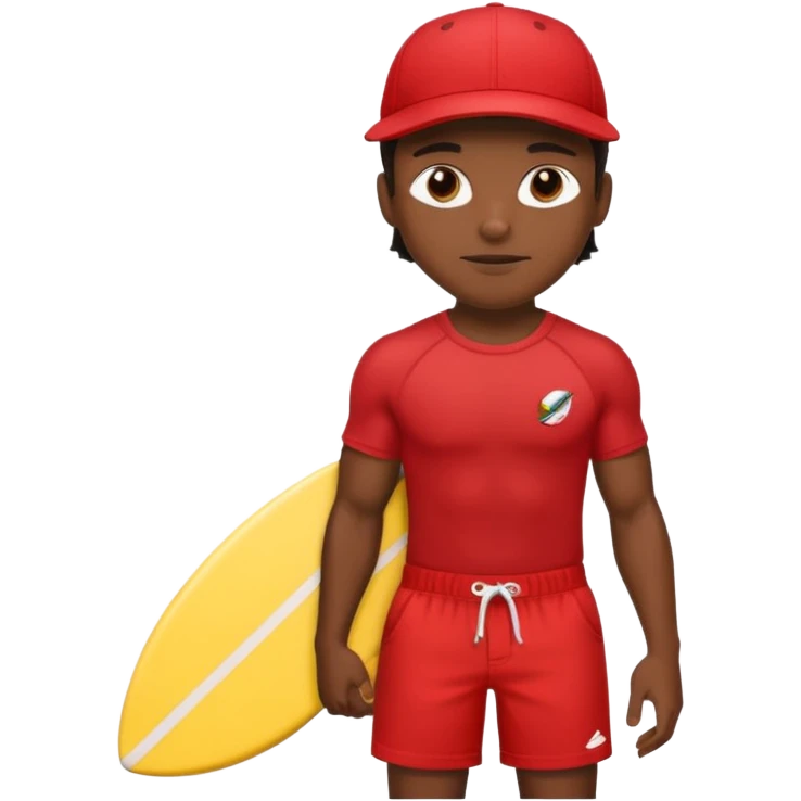 Dark, muscular surfer wearing red shorts and a baseball cap Hawaii emoji