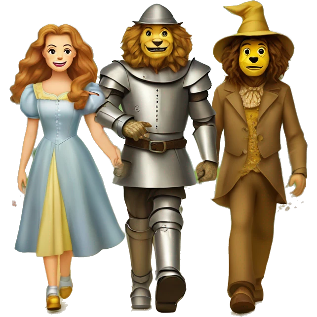 Dorthy, cowardly lion, tin man, and scarecrow walking down the yellow brick road emoji