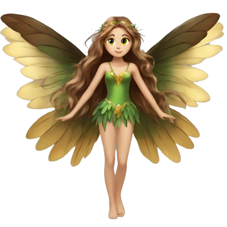 big wings, Beautiful, fairy, gold, brown, dark green, green, long hair emoji