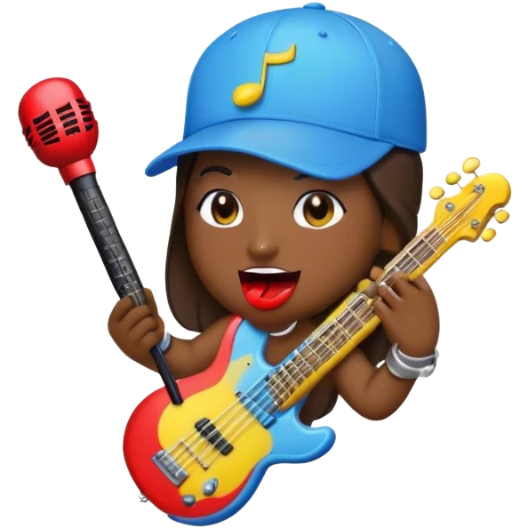 Create a dynamic and fun emoji that represents beatboxing. The design should feature a microphone with a cap placed on top, with large lips peeking out from underneath. From the lips, bass clefs and various musical instruments (like a guitar, drumstick, and keyboard) should be flying out, symbolizing the diversity and rhythm of beatboxing. Use vibrant colors like neon blue, red, and yellow to convey the energy and creativity of this vocal art form. The background should be transparent. emoji