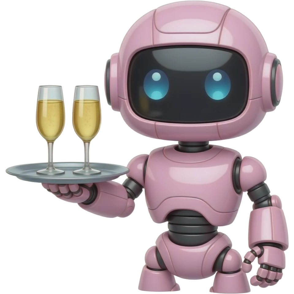 Cute feminine pale pink robot serving champagne on a platter emoji