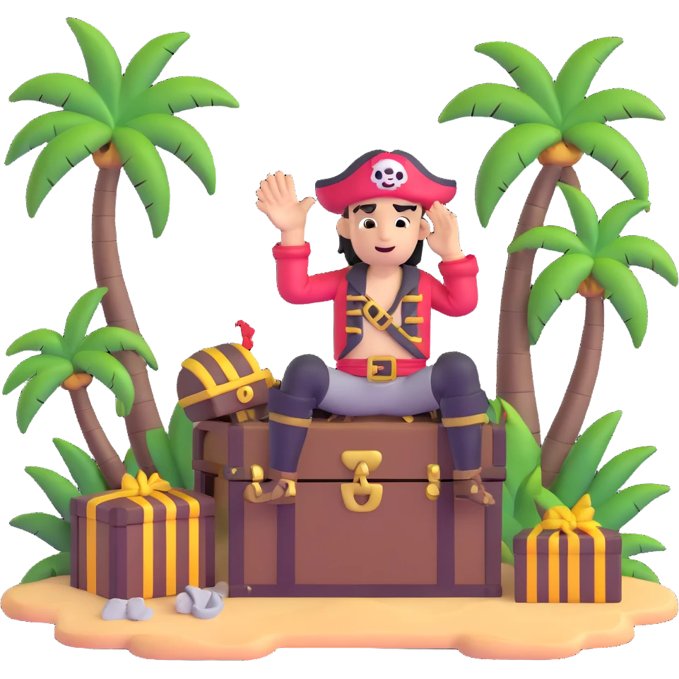 kid pirate with hand on forehead looking for something, one foot on treasure chest, palm trees in background emoji