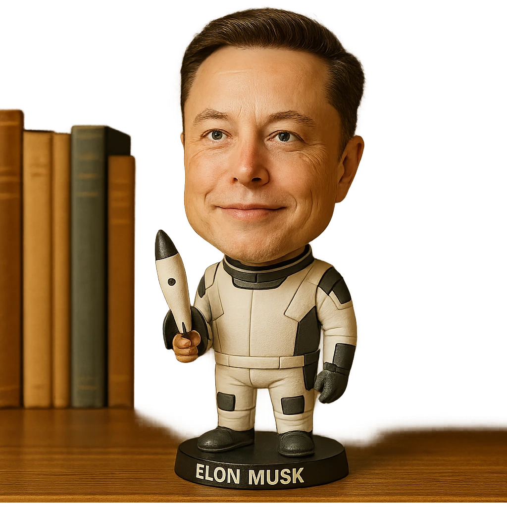 bobblehead of Elon Musk in a space suit holding a small rocket emoji